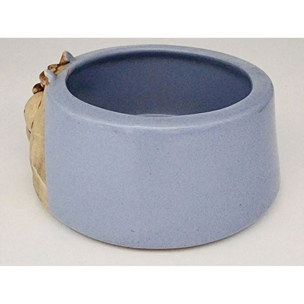 Ceramic Cat Face Pet Bowl Small Blue Tan Whimsical 3D Relief Studio Pottery